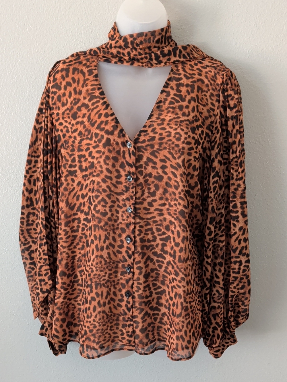 Chico's Rust and Black Leopard Button-Down Blouse with Attached Neck Tie
